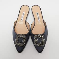 Manolo Blahnik Dark Grey Satin Hangisi Mule Sandals Size 40