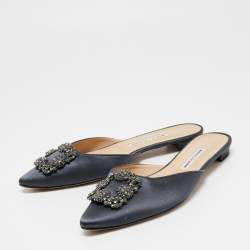 Manolo Blahnik Dark Grey Satin Hangisi Mule Sandals Size 40