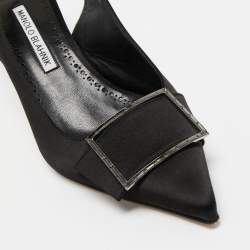 مملوكة مسبقًا Manolo Blahnik Black Satin Pointed Toe Slingback Pumps Size 38