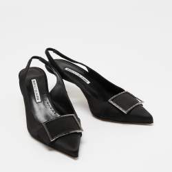 مملوكة مسبقًا Manolo Blahnik Black Satin Pointed Toe Slingback Pumps Size 38