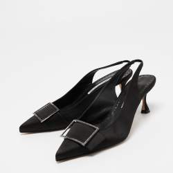 مملوكة مسبقًا Manolo Blahnik Black Satin Pointed Toe Slingback Pumps Size 38
