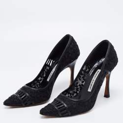 Pre Owned Manolo Blahnik Black Leather And Embroidery Mesh Pointed Toe Pumps Size 37