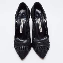Pre Owned Manolo Blahnik Black Leather And Embroidery Mesh Pointed Toe Pumps Size 37