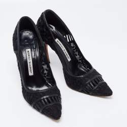 Pre Owned Manolo Blahnik Black Leather And Embroidery Mesh Pointed Toe Pumps Size 37