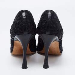 Pre Owned Manolo Blahnik Black Leather And Embroidery Mesh Pointed Toe Pumps Size 37