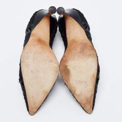 Pre Owned Manolo Blahnik Black Leather And Embroidery Mesh Pointed Toe Pumps Size 37