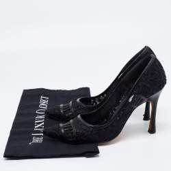 Pre Owned Manolo Blahnik Black Leather And Embroidery Mesh Pointed Toe Pumps Size 37