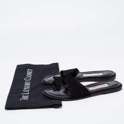 Pre Owned Manolo Blahnik Black Pleated Suede Toe Ring Flat Slides Size 38.5