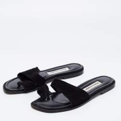 Pre Owned Manolo Blahnik Black Pleated Suede Toe Ring Flat Slides Size 38.5