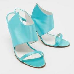 Pre Owned Manolo Blahnik Aqua Blue Satin Open Toe Sandals Size 39.5