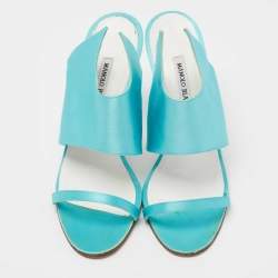 Pre Owned Manolo Blahnik Aqua Blue Satin Open Toe Sandals Size 39.5