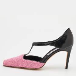 Pre Owned Manolo Blahnik Pink/Black Tweed and Leather Pointed Toe Pumps Size 41