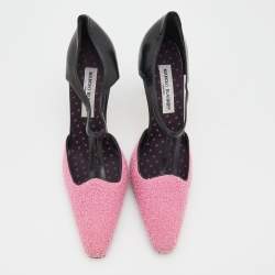 Pre Owned Manolo Blahnik Pink/Black Tweed and Leather Pointed Toe Pumps Size 41