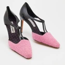 Pre Owned Manolo Blahnik Pink/Black Tweed and Leather Pointed Toe Pumps Size 41