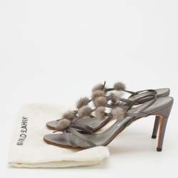 Pre Owned Manolo Blahnik Grey Satin Mink Pom-Pom Detail Strappy Slingback Sandals Size 40.5