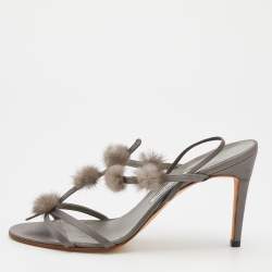 Pre Owned Manolo Blahnik Grey Satin Mink Pom-Pom Detail Strappy Slingback Sandals Size 40.5