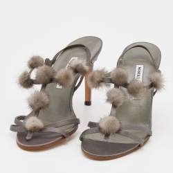 Pre Owned Manolo Blahnik Grey Satin Mink Pom-Pom Detail Strappy Slingback Sandals Size 40.5