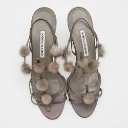 Pre Owned Manolo Blahnik Grey Satin Mink Pom-Pom Detail Strappy Slingback Sandals Size 40.5