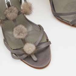 Pre Owned Manolo Blahnik Grey Satin Mink Pom-Pom Detail Strappy Slingback Sandals Size 40.5