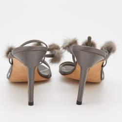 Pre Owned Manolo Blahnik Grey Satin Mink Pom-Pom Detail Strappy Slingback Sandals Size 40.5