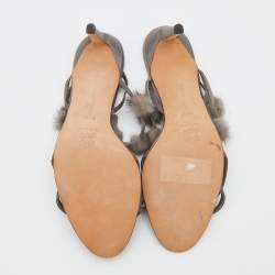 Pre Owned Manolo Blahnik Grey Satin Mink Pom-Pom Detail Strappy Slingback Sandals Size 40.5