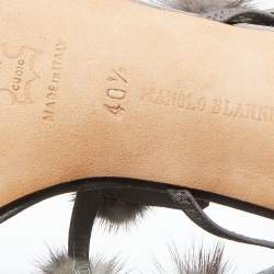 Pre Owned Manolo Blahnik Grey Satin Mink Pom-Pom Detail Strappy Slingback Sandals Size 40.5