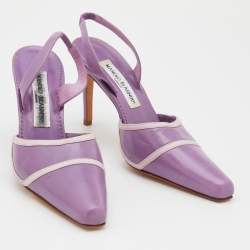 Pre Owned Manolo Blahnik Purple Leather Pointed Toe Slingback Pumps Size 37.5