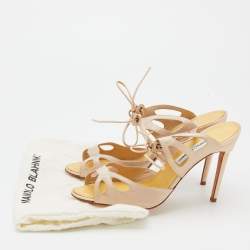 Pre Owned Manolo Blahnik Beige Satin Cut Out Lace Up Mules Size 41
