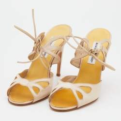 Pre Owned Manolo Blahnik Beige Satin Cut Out Lace Up Mules Size 41
