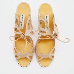 Pre Owned Manolo Blahnik Beige Satin Cut Out Lace Up Mules Size 41