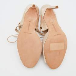 Pre Owned Manolo Blahnik Beige Satin Cut Out Lace Up Mules Size 41