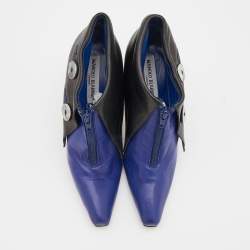 Manolo Blahnik Blue/Black Leather Pointed Toe Zipper Ankle Length Boots Size 36.5