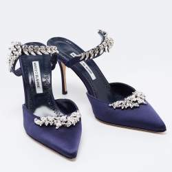 Manolo Blahnik Blue Satin Lurum Sandals Size 41