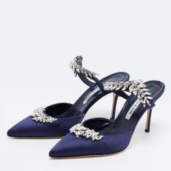 Manolo Blahnik Blue Satin Lurum Sandals Size 41