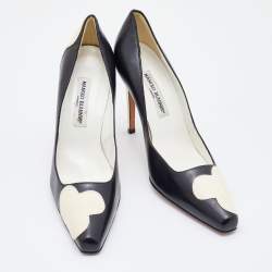 Pre Owned Manolo Blahnik Black/White Patent and Leather Square Toe Pumps Size 40.5