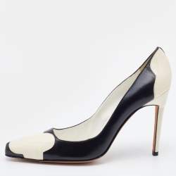 Pre Owned Manolo Blahnik Black/White Patent and Leather Square Toe Pumps Size 40.5