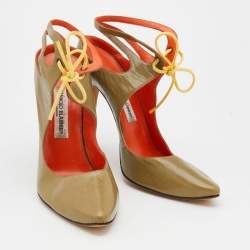Manolo Blahnik Olive Green Leather Cut Out Lace Up Pumps Size 41