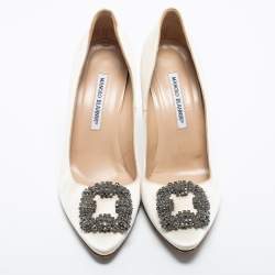 Pre Owned Manolo Blahnik White Satin Hangisi Pumps Size 38.5