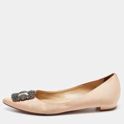 Pre Owned Manolo Blahnik Beige Satin Hangisi Flats Ballet Size 37.5