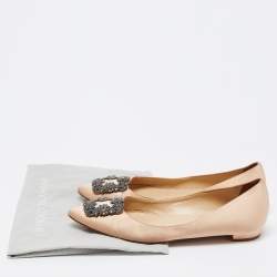 Pre Owned Manolo Blahnik Beige Satin Hangisi Flats Ballet Size 37.5