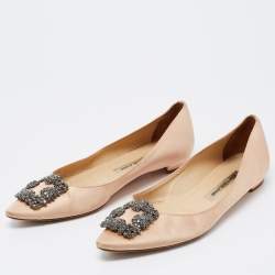 Pre Owned Manolo Blahnik Beige Satin Hangisi Flats Ballet Size 37.5