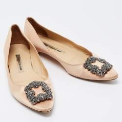 Pre Owned Manolo Blahnik Beige Satin Hangisi Flats Ballet Size 37.5