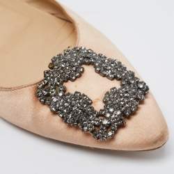Pre Owned Manolo Blahnik Beige Satin Hangisi Flats Ballet Size 37.5