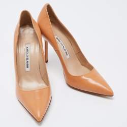 Pre Owned Manolo Blahnik Tan Leather BB Pointed Pumps Size 37
