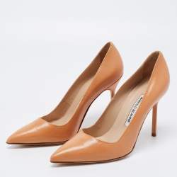 Pre Owned Manolo Blahnik Tan Leather BB Pointed Pumps Size 37