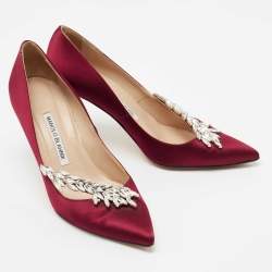 Pre Owned Manolo Blahnik Burgundy Satin Nadira Pumps Size 37.5