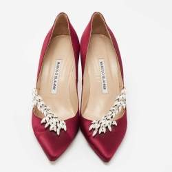 Pre Owned Manolo Blahnik Burgundy Satin Nadira Pumps Size 37.5