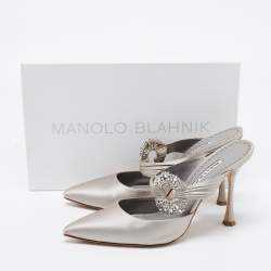 Pre Owned Manolo Blahnik Grey Satin Maidugur Sandals Size 39.5