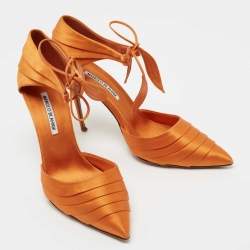 Manolo Blahnik Orange Satin Ankle Strap Dorsay Pumps Size 41