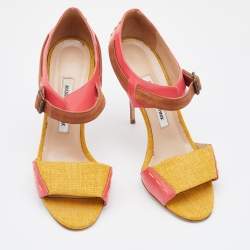 Pre Owned Manolo Blahnik Multicolor Leather/Fabric and Suede Ankle Strap Sandals Size 38.5